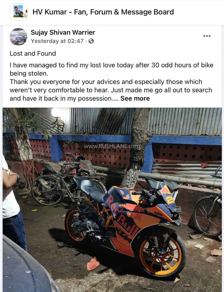 Owner shares update about his stolen KTM motorcycle