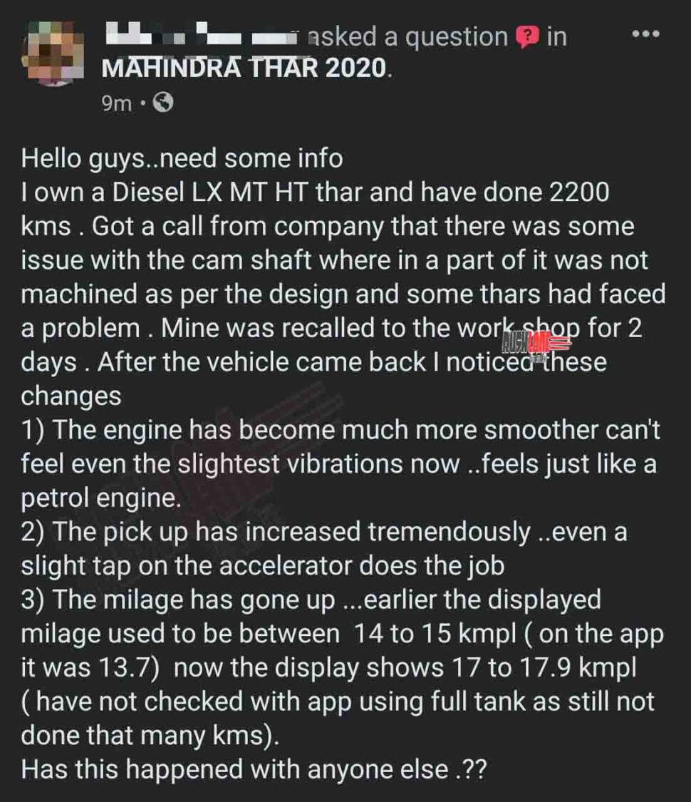 Mahindra Thar Diesel performance post recall