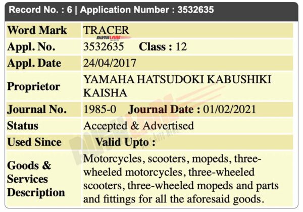 Yamaha Tracer Name Trademark Filed In India