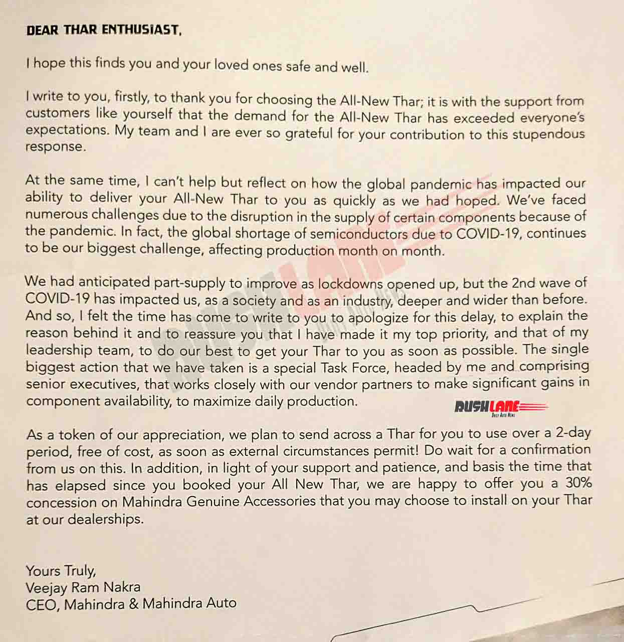Mahindra CEO letter to Thar customers awaiting delivery