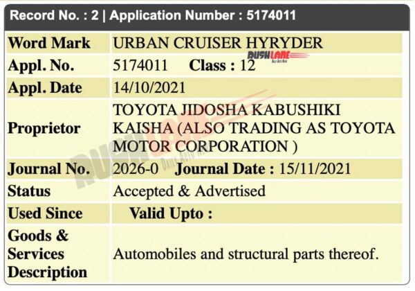 Toyota Urban Cruiser Hyryder Name Registered