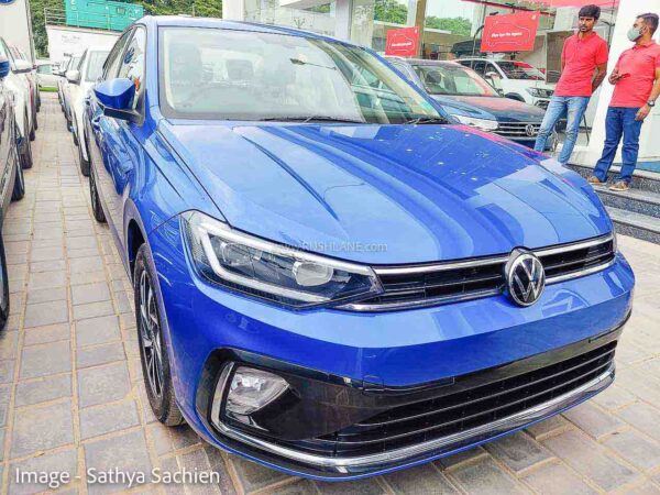 Volkswagen Virtus Blue Colour Arrives At Dealer