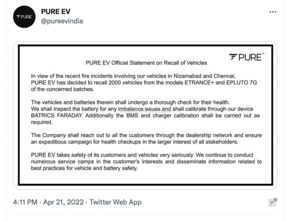 Pure EV recall issued