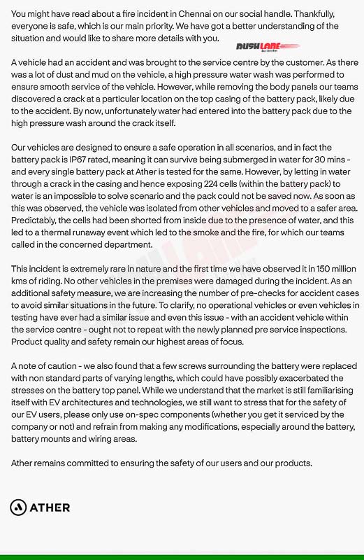 Ather Electric Scooter Fire - Official Update