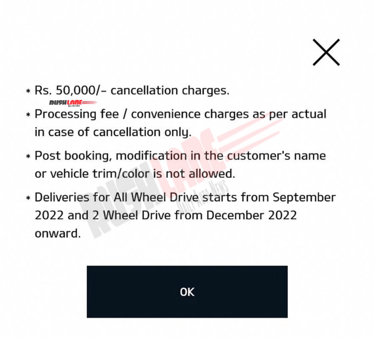Kia EV6 cancellation charges Rs 50,000