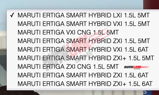 Existing Maruti Ertiga variants listed on official website