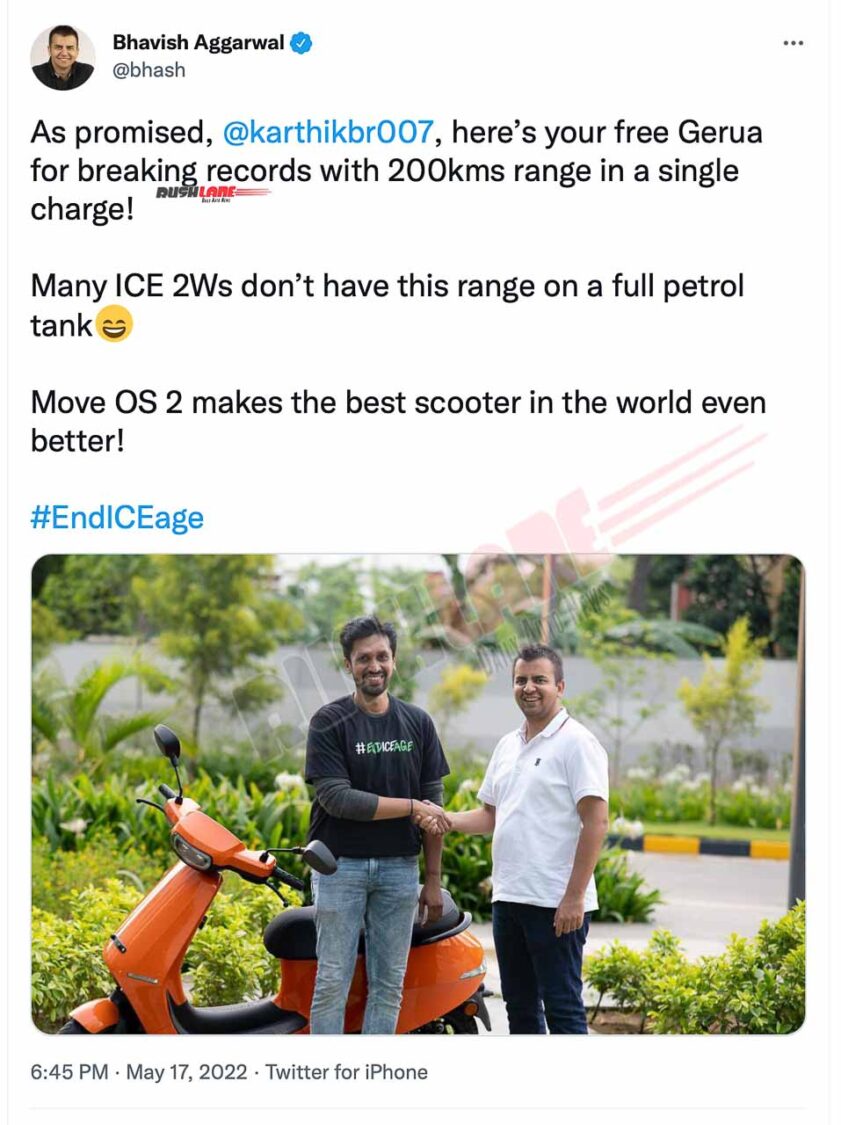 Ola CEO gifts new electric scooter to S1 Pro owner who got 200+ range