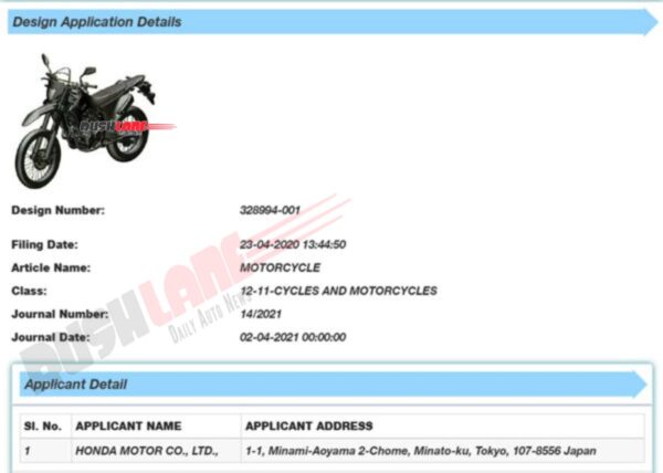 Honda CRF300L patented in India