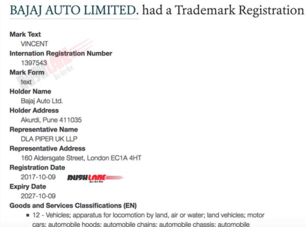 Bajaj Auto Trademarks VINCENT