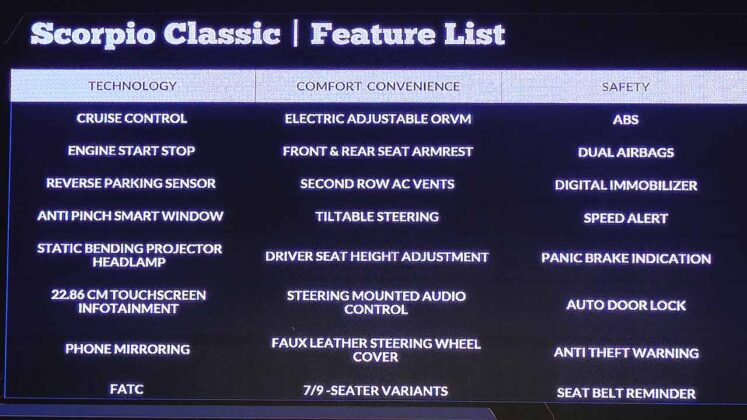Mahindra Scorpio Classic Features List