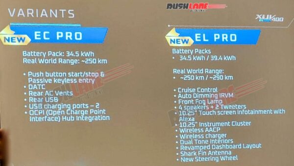 Mahindra XUV400 EC Pro and EL Pro Features