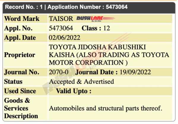 Taisor Name Registered By Toyota