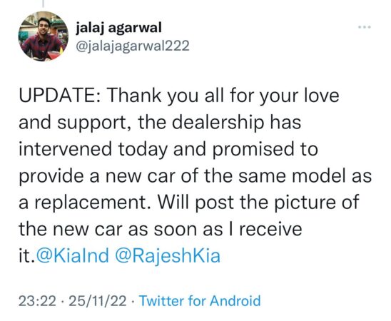 Kia Sonet owner in question has deleted all above tweets, and shared a new update