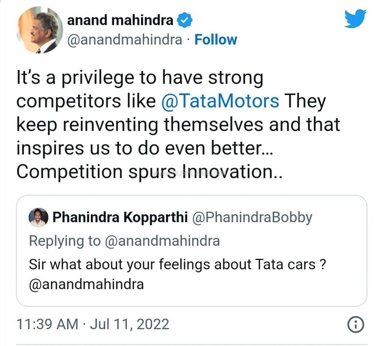 Anand Mahindra on Tata Motors