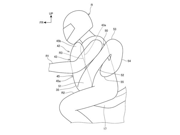 Honda Motorcycle Airbag - This patent shows the airbag getting deployed from in front of the rider's legs and then goes on to wrap around the torso.