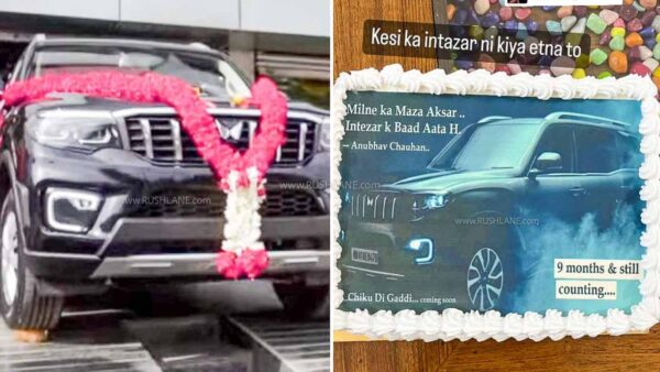 Mahindra Scorpio N customer celebrates waiting period by cutting cake