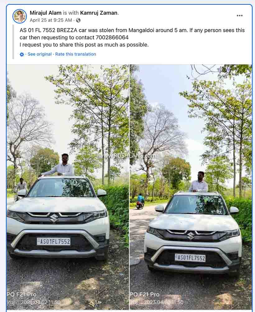 Maruti Brezza owner shares update about his stolen car on social media