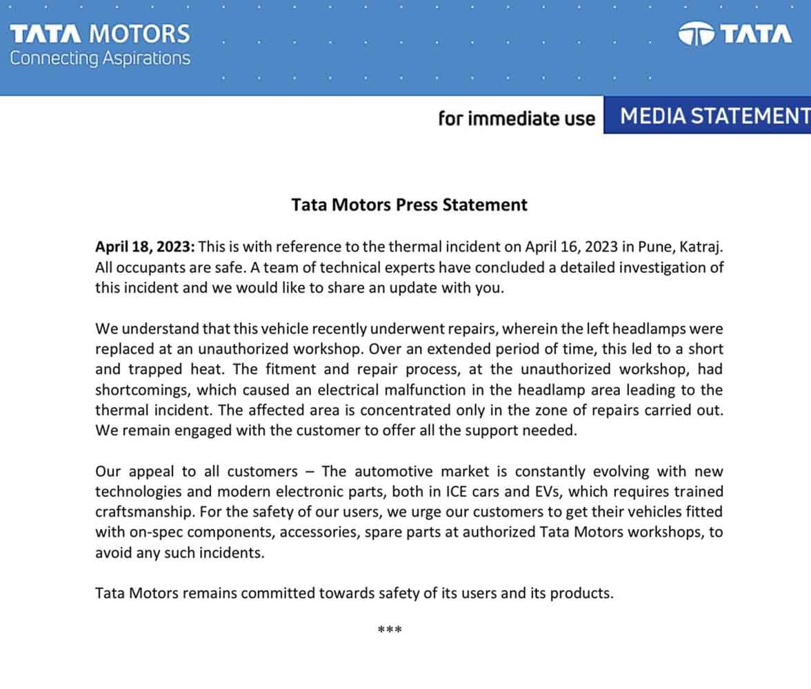 Tata Motors official statement - Nexon EV fire Pune