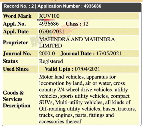 Mahindra XUV100 name trademarked