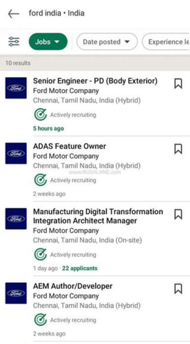 Ford India hiring - Recent job listings