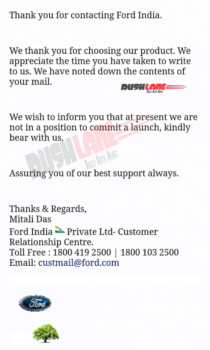 Ford India responds to customer regarding upcoming launch plans