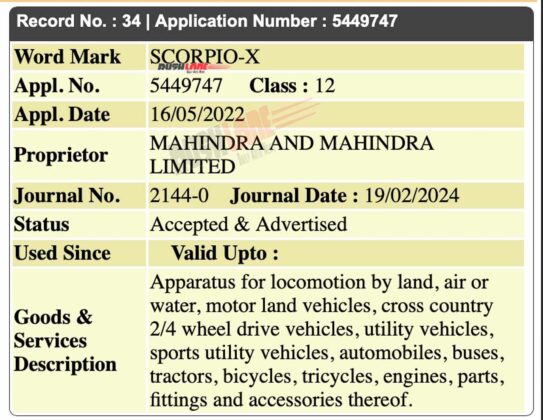 2024 Mahindra Scorpio X - trademark accepted