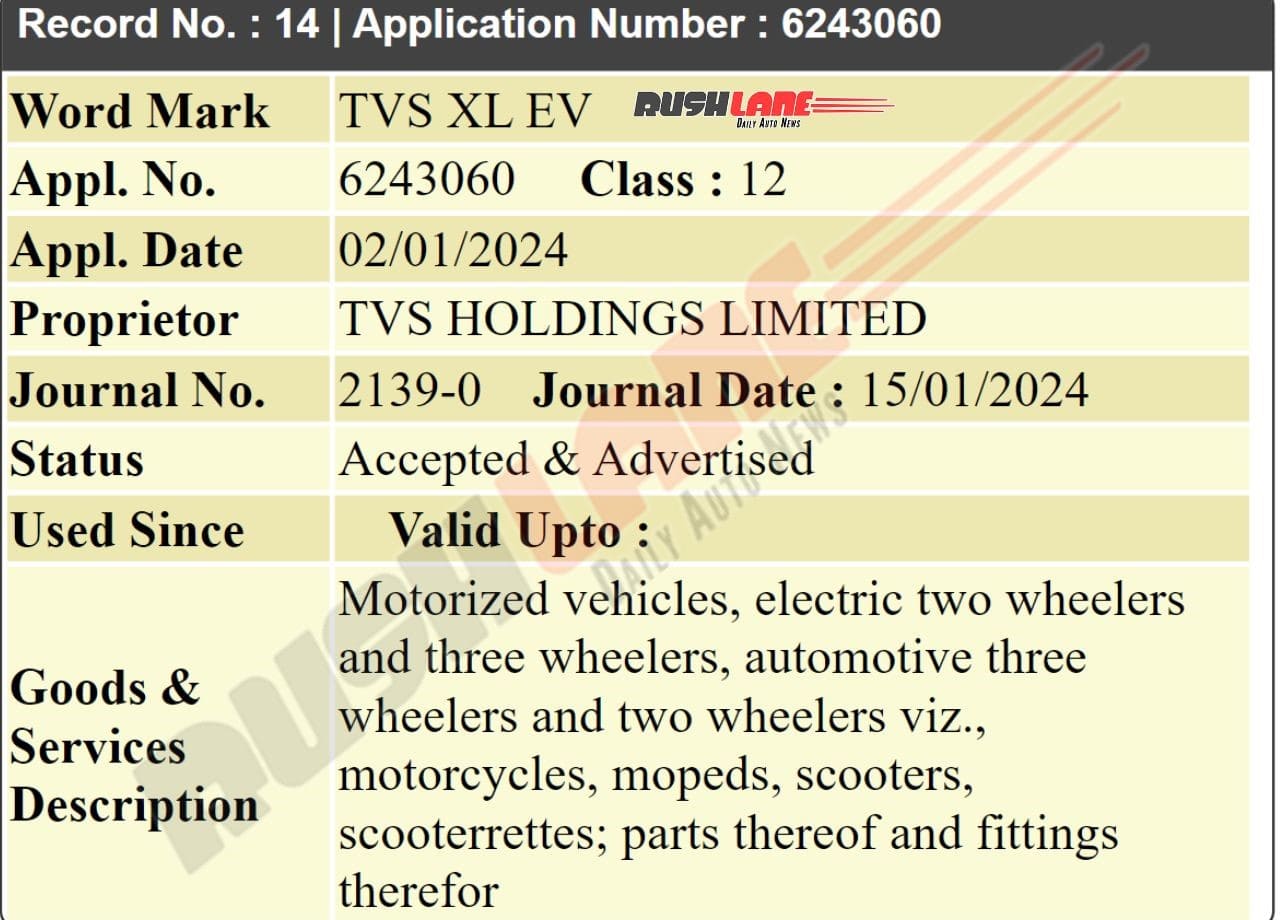 TVS XL EV Name Trademarked